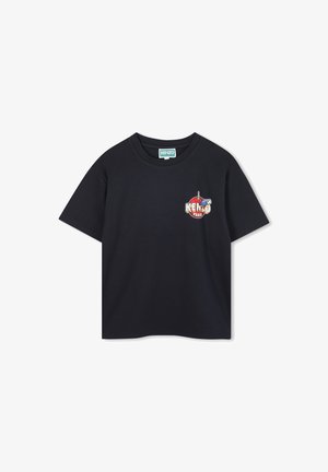 T-shirt en coton bleu marine à manches courtes et col rond. Présente un logo graphique sur la partie gauche de la poitrine.