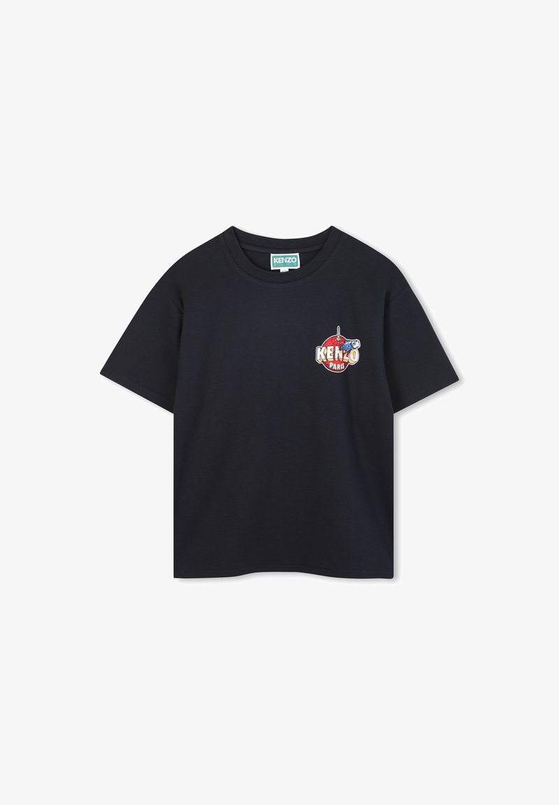 T-shirt en coton bleu marine à manches courtes et col rond. Présente un logo graphique sur la partie gauche de la poitrine.