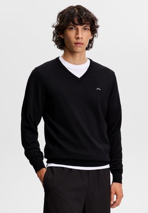 Giovane con capelli ricci che indossa un maglione nero a scollo a V sopra una camicia bianca, in piedi contro uno sfondo chiaro uniforme.