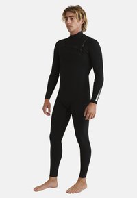 Black wetsuit made of neoprene, full-length, featuring a high neck and front zipper. Smooth texture with reinforced stitching and accents.