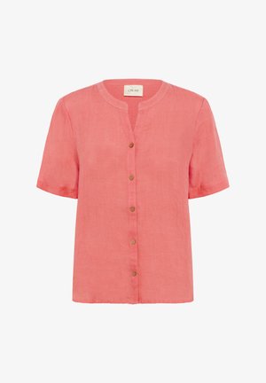 Chemise en lin rose à manches courtes avec un col arrondi, dotée d'une fermeture boutonnée à l'avant et de boutons de couleur naturelle. Tissu texturé et léger.