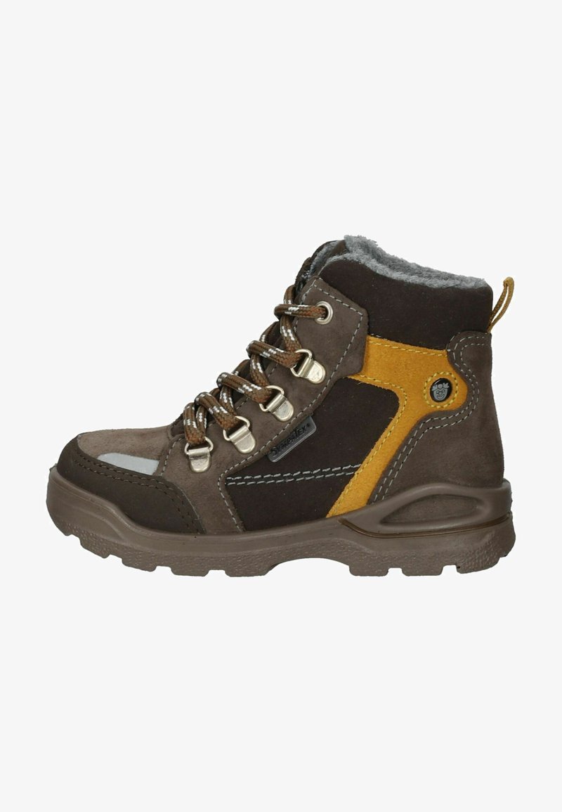 Bruine en gele wandelschoen met suede en textiel, vetersluiting, versterkte neus, gevoerde kraag en gestructureerde rubberen zool.