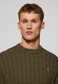 Green knitted sweater with a ribbed round neckline, featuring a cable design and a small logo accent on the chest.