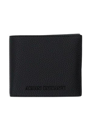 Czarny portfel z teksturowanej skóry, złożony, z wytłoczonym logo "ARMANI EXCHANGE" na przedniej stronie.