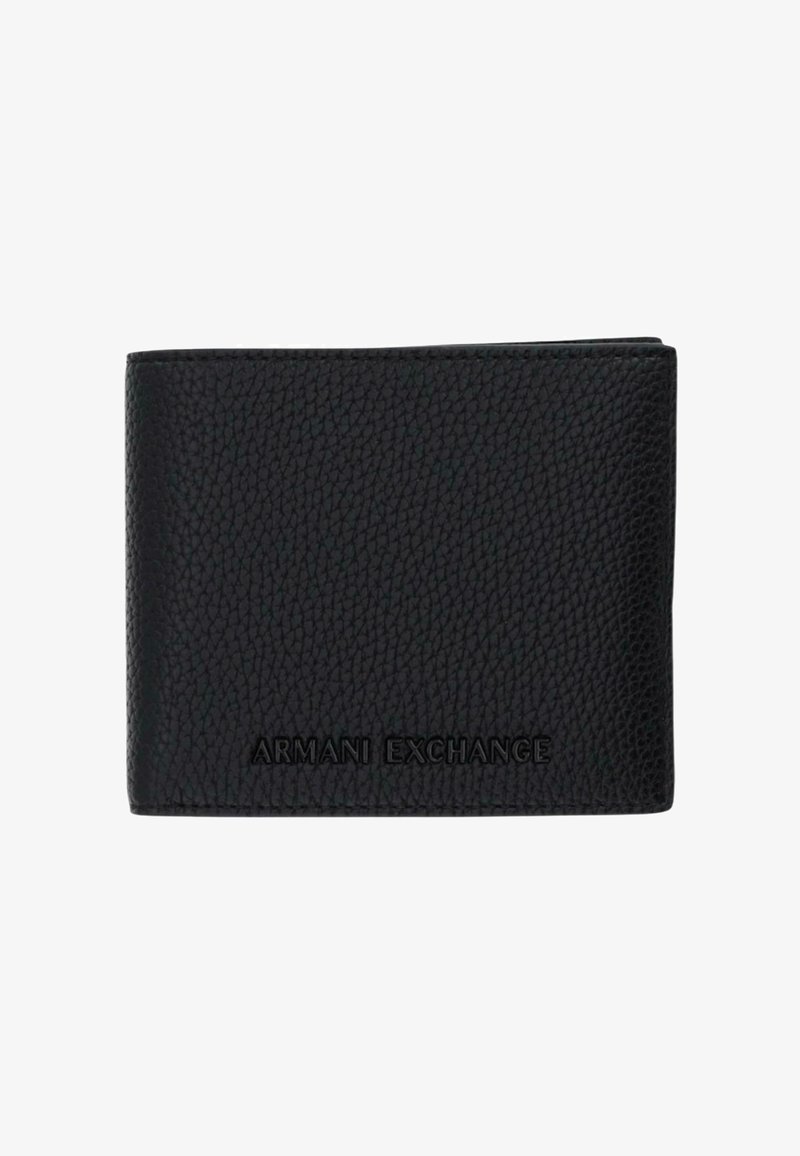 Czarny portfel z teksturowanej skóry, złożony, z wytłoczonym logo "ARMANI EXCHANGE" na przedniej stronie.