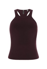 Débardeur côtelé bordeaux foncé avec un col montant et un dos nageur. Texture lisse, coupe ajustée, sans accessoires ni ornements supplémentaires.