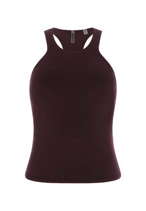 Donker bordeauxkleurige geribbelde tanktop met een hoge halslijn en racerback-ontwerp. Soepele textuur, nauwsluitende pasvorm en geen extra hardware of accenten.