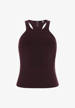 Donker bordeauxkleurige geribbelde tanktop met een hoge halslijn en racerback-ontwerp. Soepele textuur, nauwsluitende pasvorm en geen extra hardware of accenten.