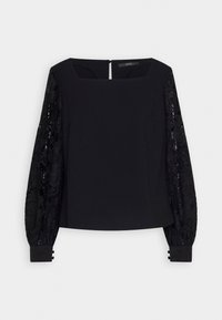Schwarze Bluse mit quadratischem Ausschnitt, strukturiertem Körper und durchscheinenden, mit Spitze verzierten Puffärmeln. Verfügt über Knopfmanschetten und einen Rückenschlitz mit Knopf.