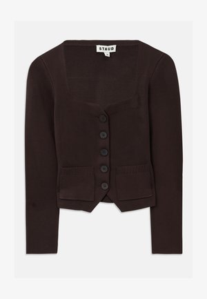 Il cardigan a maglia marrone presenta un collo quadrato, sei bottoni neri e due tasche frontali con dettagli a coste. Maniche di lunghezza media.