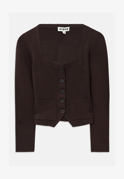 Brun stickad cardigan med fyrkantig halsringning, sex svarta knappar och två framfickor med ribbade detaljer. Medellånga ärmar.