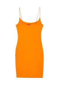 Abito bodycon arancione senza maniche con spalline sottili, design aderente e texture di cotone liscia. Orlo dritto e stile minimalista.