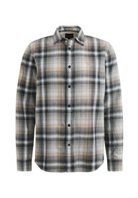 Camisa de cuadros en tonos gris claro, negro y marrón; de manga larga, diseño abotonado y textura de algodón suave con un sutil logo.