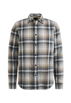 Chemise à carreaux dans des nuances de gris clair, noir et brun ; manches longues, design à boutons et texture en coton lisse avec un branding subtil.