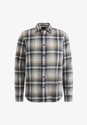 Geruite shirt in lichtgrijs, zwart en bruine tinten; lange mouwen, knoopsluiting en een gladde katoenen textuur met subtiele branding.