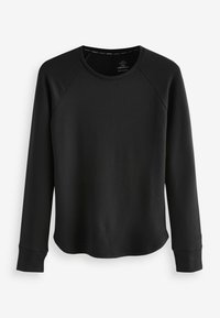 Schwarzer Langarmpullover mit rundem Halsausschnitt, Raglanärmeln und gerippten Bündchen. Hergestellt aus weichem Stoff mit glatter Textur.
