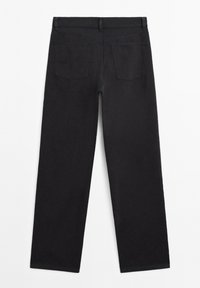 Black jeans, denim material, straight-leg design, two back pockets, visible stitching, waistband with belt loops.