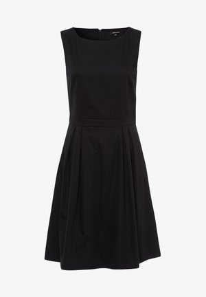 Abito nero senza maniche con scollatura rotonda, vita aderente e gonna plissettata. Realizzato in tessuto liscio con zip nascosta sul retro.