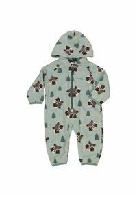 Grøn fleece babykjole med hætte, med mønstre af vaskebjørne og fyrretræer, forreste lynlås og elastiske ærmer.