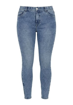 Blauwe high-waist skinny jeans met voorzakken, riemlussen en een knoopsluiting, afgebeeld tegen een witte achtergrond.