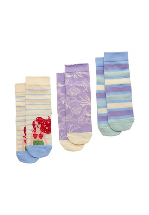 Three pairs of children's socks: cream with red-haired mermaid, purple with sea creatures, and striped blue, purple, and green.