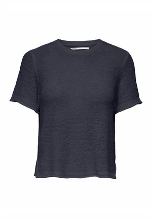 Kortærmet top med rund hals i mørk navy. Tekstureret strikstof med en afslappet pasform og nederste kant. Ingen synlige mønstre eller pynt.