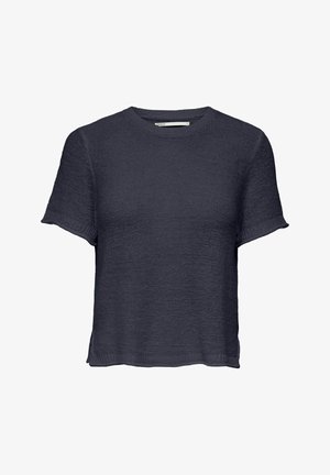 Kortærmet top med rund hals i mørk navy. Tekstureret strikstof med en afslappet pasform og nederste kant. Ingen synlige mønstre eller pynt.