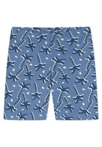 Pantalones cortos de algodón azul con un estampado de palmeras en azul oscuro y blanco. Cintura elástica, hasta la rodilla, textura suave y diseño juguetón.