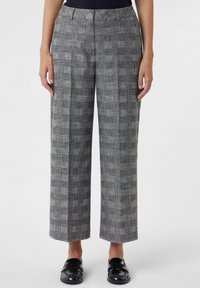 Grau karierte hochtaillierte Hose mit weitem Beinschnitt, die eine subtile Textur aufweist und einen Knopfverschluss an der Taille hat.