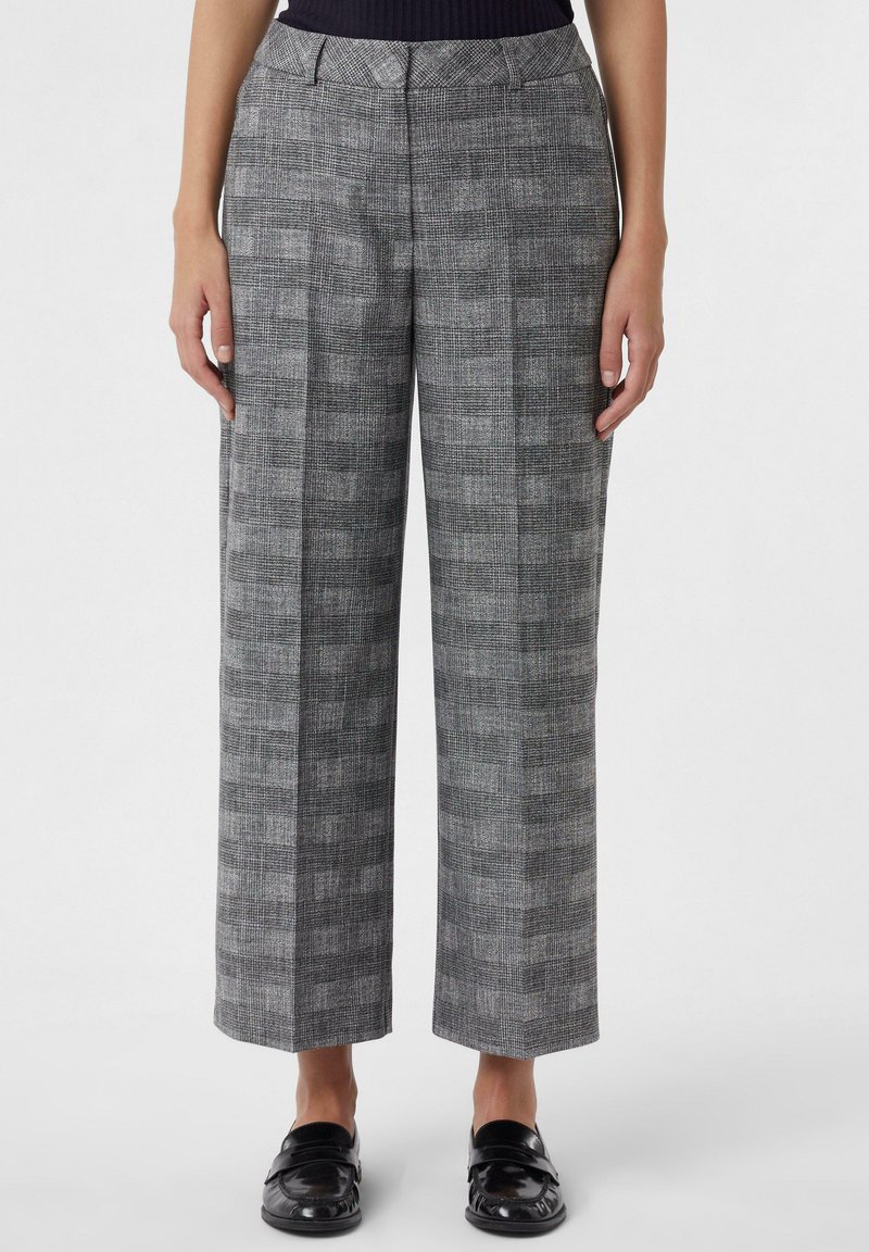 Grau karierte hochtaillierte Hose mit weitem Beinschnitt, die eine subtile Textur aufweist und einen Knopfverschluss an der Taille hat.