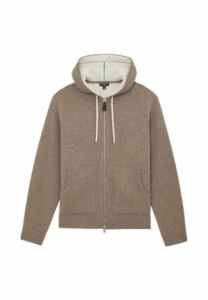 Brun zip-up hættejakke med en kontrastfyldt lysegrå indvendig side, der har en justerbar hætte, to forlommer og ribbede manchetter.