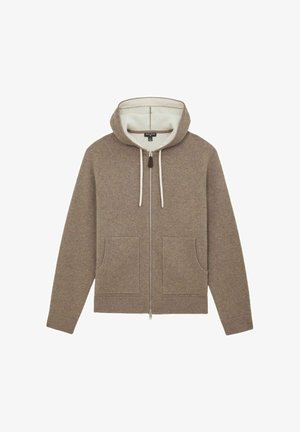 Brun zip-up hættejakke med en kontrastfyldt lysegrå indvendig side, der har en justerbar hætte, to forlommer og ribbede manchetter.