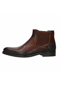 Bottines en cuir brun avec panneaux latéraux élastiques, texture lisse, bout arrondi et petit talon bloc. Présente un motif en chevrons sur les côtés.