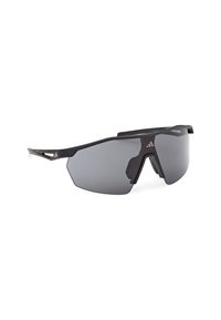 Occhiali da sole sportivi neri a mascherina con lenti angolari oscurate e montatura ventilata su sfondo bianco.