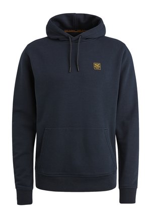 Marineblauwe pullover hoodie met een voorzak, capuchon met trekkoord, ribgebreide manchetten en een klein geel PME Legend-logo op de linkerborst.