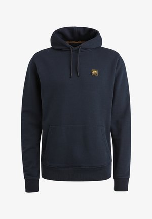 Marineblauer Pullover-Hoodie mit vorderer Kängurutasche, Kapuze mit Kordelzug, gerippte Bündchen und kleinem gelben PME Legend-Logo auf der linken Brust.