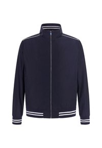 Marineblauwe jas met een hoge kraag, een rits aan de voorkant en witte gestreepte accenten op de mouwen, gemaakt van lichtgewicht stof.