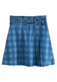 Džínová sukně s modrým kostkovaným vzorem, sklady, a strukturovaným pasem se dvěma přezkami a poutky na pásek.