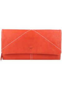 Oranje leren portemonnee met een gestructureerde afwerking, voorzien van witte stiksels en een driehoekig klepdesign. Sluit met een ritszak aan de zijkant.