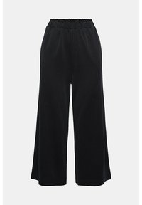 Pantaloni neri a gamba larga realizzati in tessuto morbido, con vita elastica e una texture liscia, progettati per offrire comfort e facilità di movimento.