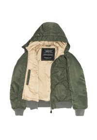 Chaqueta bomber verde oliva con capucha, forro interior acolchado en beige claro, puños y dobladillo acanalados, y cremallera frontal. Etiqueta y bolsillo visibles.