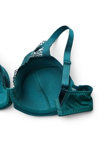 Reggiseno in pizzo turchese con un design ricamato, interno liscia, spalline regolabili e chiusura con gancio e asola sul lato.