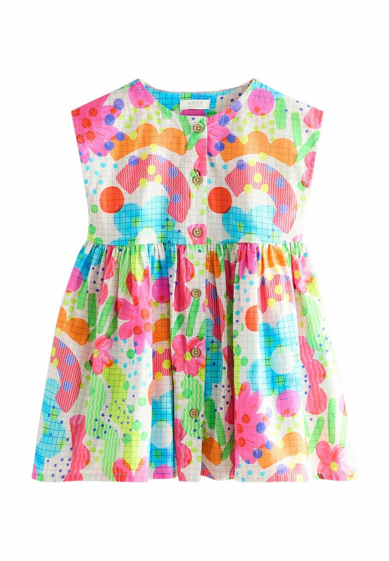 Robe en coton colorée avec un devant à boutons, des manches courtes et une jupe évasée. Le design comprend des motifs floraux et abstraits en rose, bleu et vert.