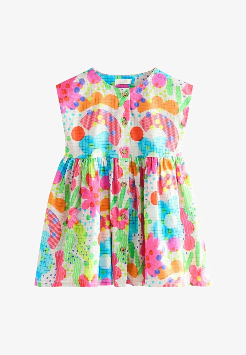 Flerfarvet bomuldsdragt med knaplukning foran, korte ærmer og en udsvingende nederdel. Designet inkluderer blomster- og abstrakte mønstre i pink, blå og grøn.