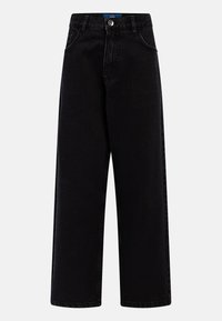 Black wide-leg jeans made of denim, featuring a front button closure, five pockets, and a clean design without patterns or embellishments.