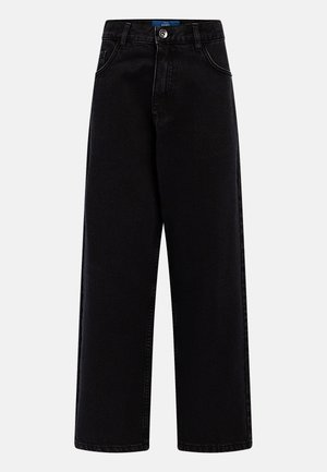 Jeans large noirs en denim, avec une fermeture à bouton à l'avant, cinq poches et un design épuré sans motifs ni embellissements.