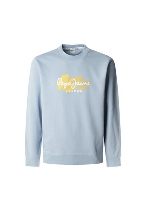 Hellblaues Sweatshirt aus Baumwollmischung, mit Rundhalsausschnitt, langen Ärmeln und dem Logo "Pepe Jeans London" in Weiß und Gold. Glatte Textur.