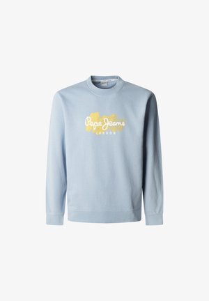 Hele sinine puuvillasegusest kampsunist, millel on ümmargune kaelus, pikad varrukad ja valge-kuldne "Pepe Jeans London" logo. Sile tekstuur.