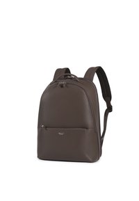 Rucsac din piele maro cu un design elegant, având un vârf rotunjit, două compartimente cu fermoar și curele din plasă ajustabile pentru confort.