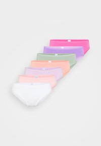 Assorted cotton underwear in pastel colors: white, pink, lavender, green, peach, with lace detailing on the waistband.